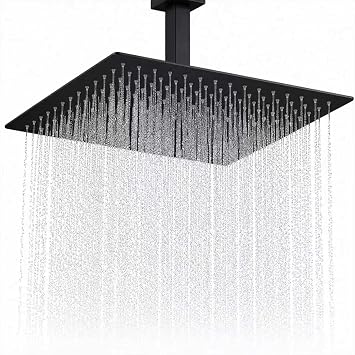 Black Rainfall Shower Head BSTIIU 16 Inch Square Ceiling Mounted Showerhead, Ultra Thin Stainless Steel Overhead Shower Head, Matte Black