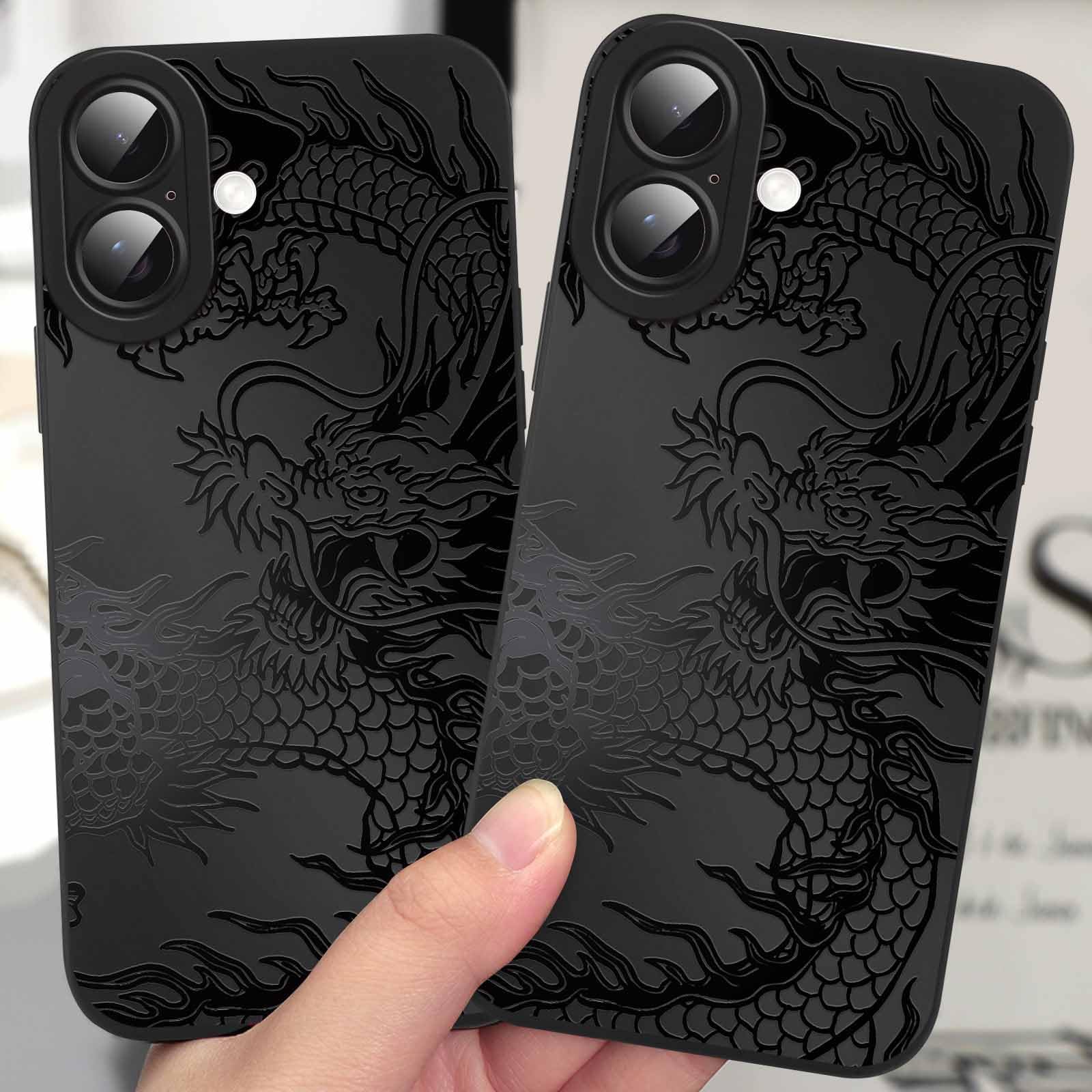 Custodia Per IPhone 16 Pro Con Drago Nero - Design Estetico Vintage, Antiurto In TPU, Ricarica Wireless, Regalo Per Ragazze