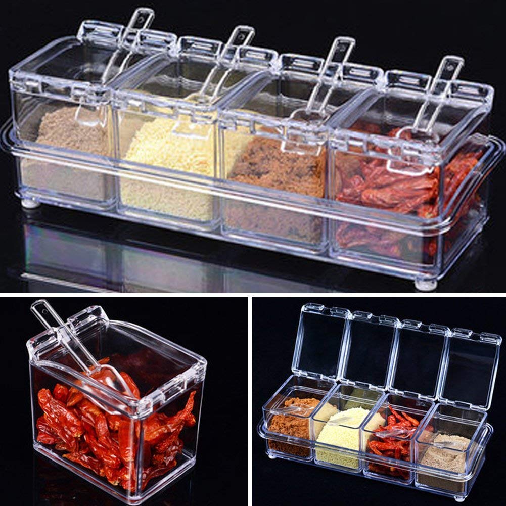 YIQI Assaisonnement Box Set 4 pièces Bouteilles Transparentes Sel Spice Jar,Pots à épices Cuisine Condiment Jarres de Stockage de Conteneurs avec 4 Cuillères Canned Couvercle et Cuillère