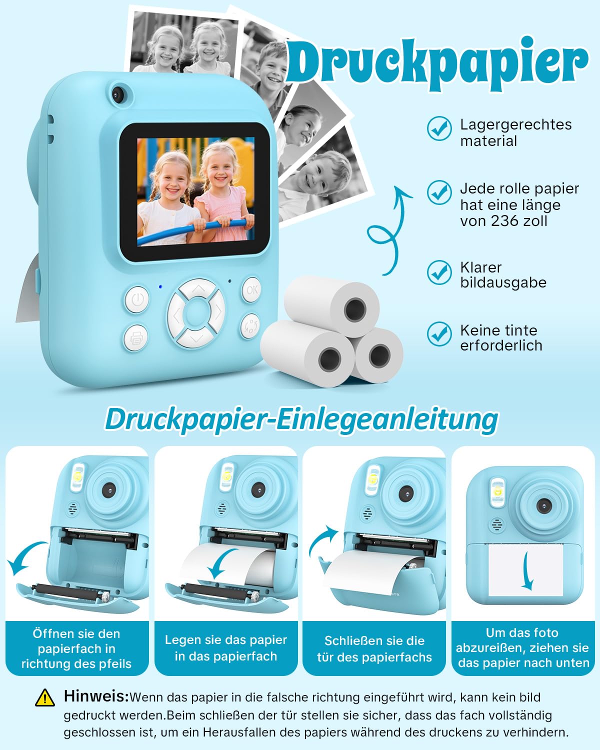 Sofortbildkamera Kinder 2.5K mit 32GB Karte & Druckerpapier, Vorder- und Rückkamera, Geschenk für Jungen Mädchen 3-12 Jahre (Blau)