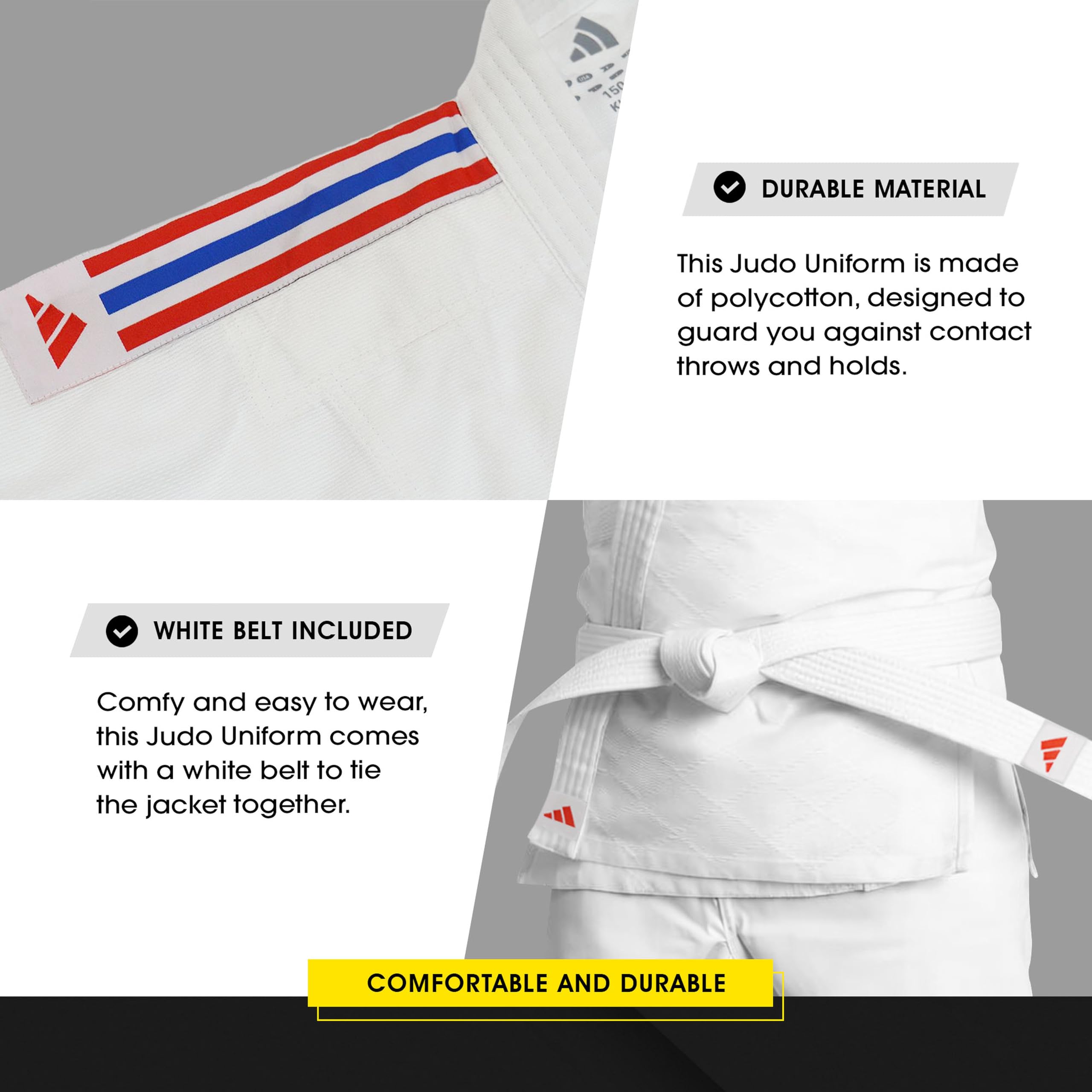 adidas Judo-Gi für Männer, Frauen und Kinder, perfekt für Training und Sparring, leichte Kampfsport-Uniform, weißer Gürtel inklusive, 250 g (Größen 110–160 cm)