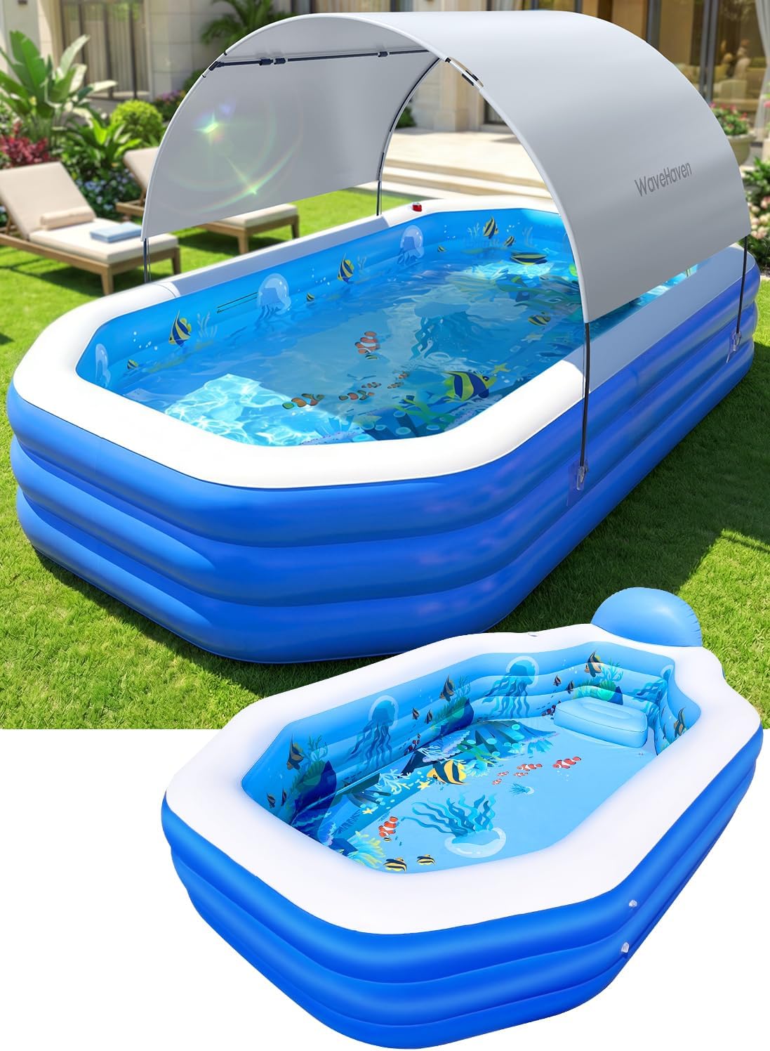 2026 Inflatable Pool with Canopy, Large Inflatable Pool,Adults, Blow Up Pools with Seats,Oversize Thickened 118"x75"x22"Inflatable Swimming Pools, Pool for Backyard,Ocean Theme-Gray