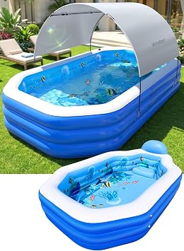2026 Inflatable Pool with Canopy, Large Inflatable Pool for Kids,Adults, Blow Up Pools with Seats,Oversize Thickened 118"x75"x22"Inflatable Swimming Pools, Kids Pool for Backyard,Ocean Theme-Gray