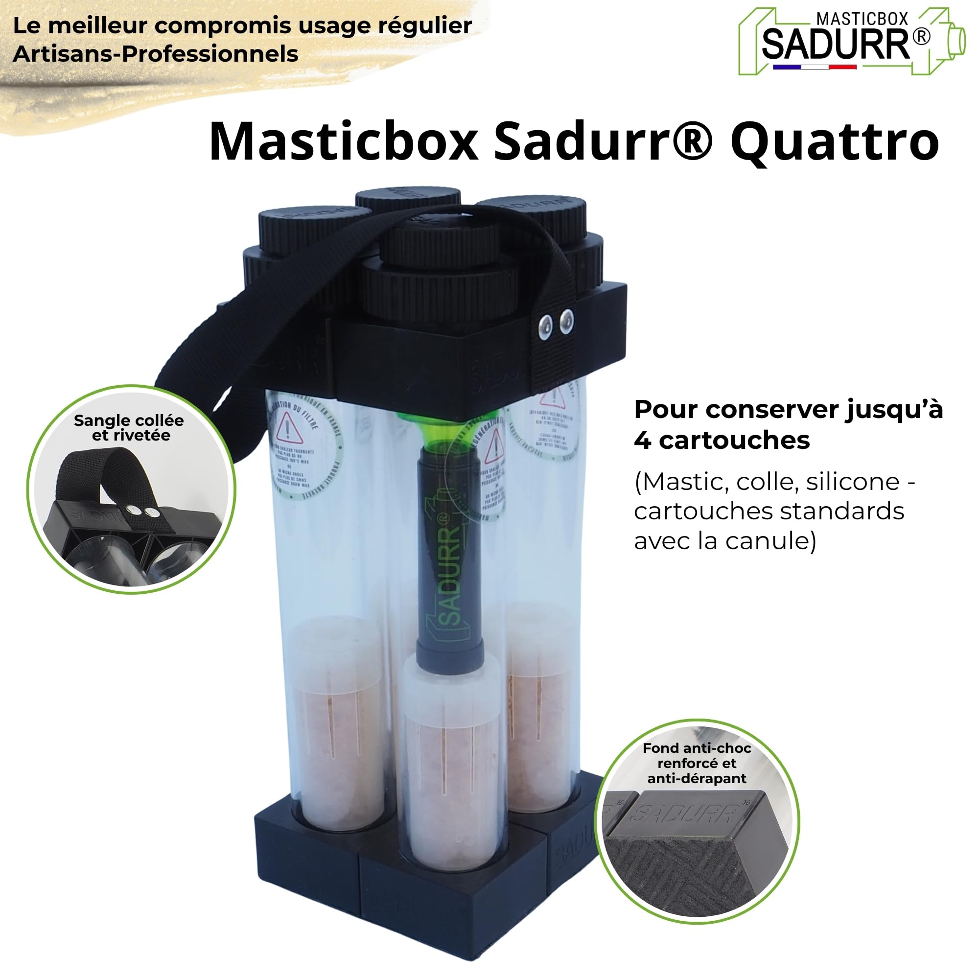 Masticbox SADURR® QUATTRO – Conservation des cartouches de silicone, mastic et colle entamées – Évite le durcissement prématuré et le gaspillage – Jusqu'à 4 cartouches | Conservation longue durée des cartouches entamées mastic - colle - silicone