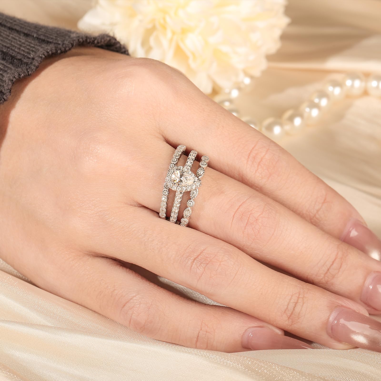 Damen Moissanit Band Ring Set Birnenschliff Vorsteckring 925 Sterling Silber Stapelring Rundschliff Silberring Austauschbar Ewigkeitsring Schmuckset für Frauen Geschenk