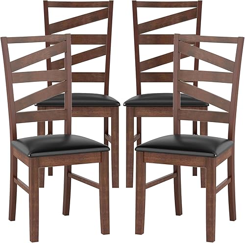 KOTEK Juego de 4 sillas de comedor de madera, sillas de cocina de granja con asiento tapizado de piel sintética, patas de madera de goma maciza,
