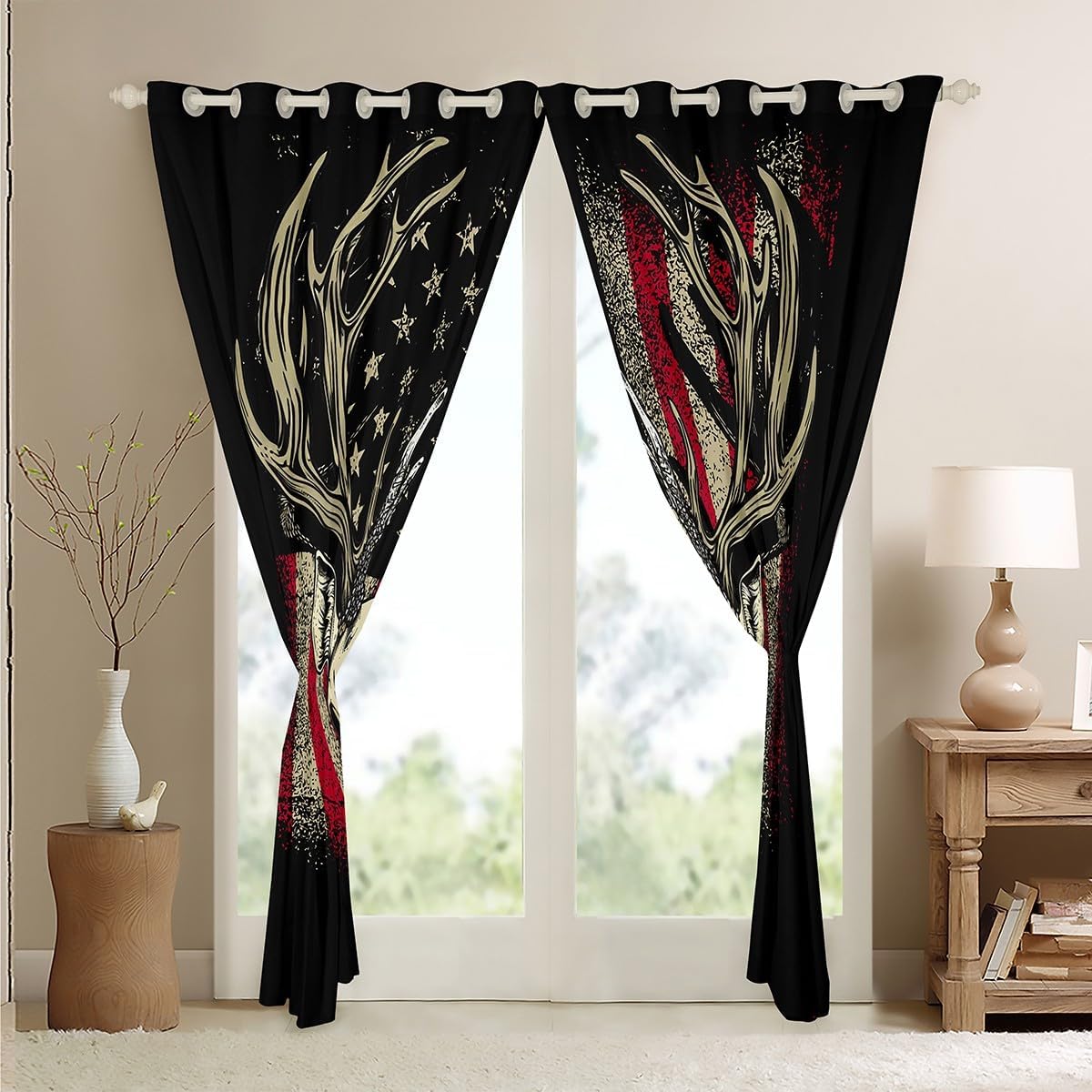 American Flag Darkening Dreapes Cute Deer Curtains for Bedroom Living Room Deer Hunting Blackout Curtains Antlers Western Farmhouse Black Red Window Treatments (2 Panels, 52 x 84 Inch)