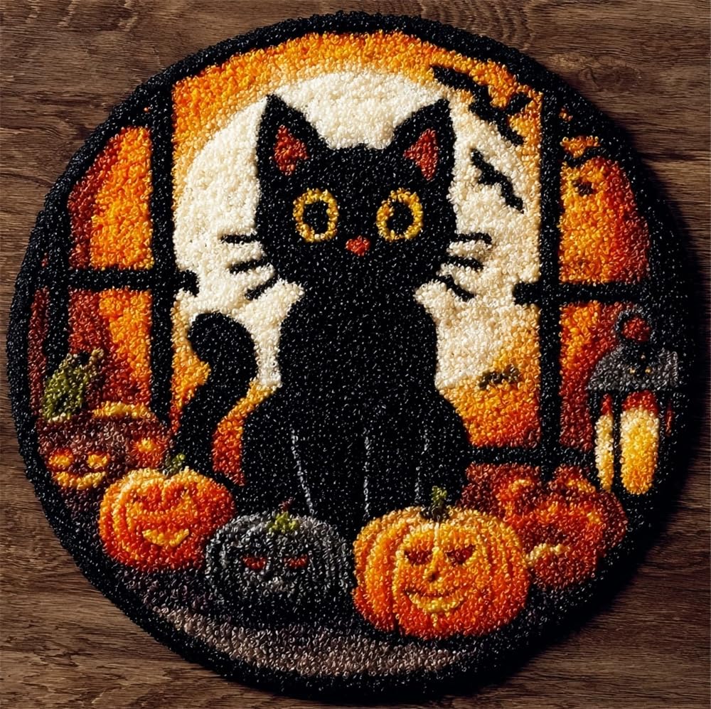 kitphoenix Latch Hook Rug Set,Black Cat Halloween Knotted Carpet 50X50Cm, Rugs Cross Stitch Embroidery, DIY Handmade Latch Hook Rug Making Tool Kit