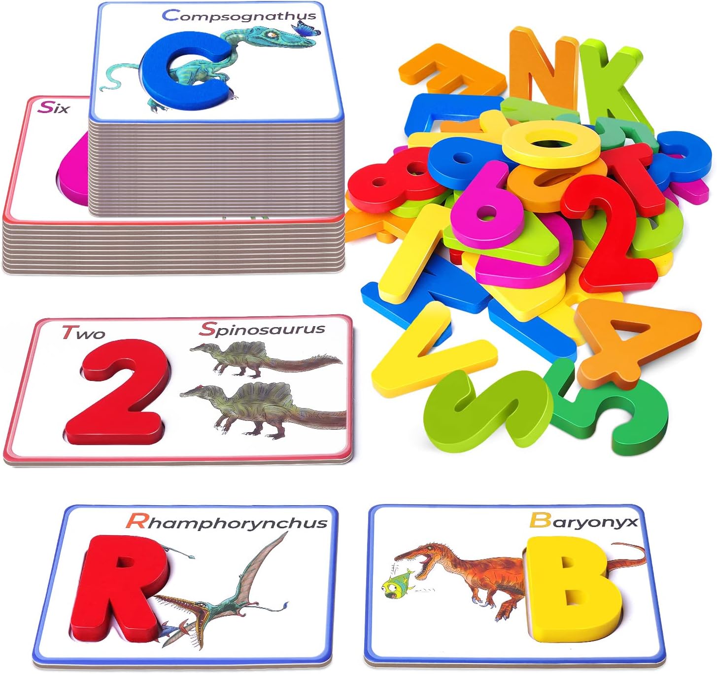 SpringFlower Dinosaur Alphabets and Numbers Flash Cards Set-ABC Letter Puzzle Matching Games, Preschool Homeschool Activities Montessori Toys,Learning & Educational Toy Gift for Boys Girls Age 2 3 4