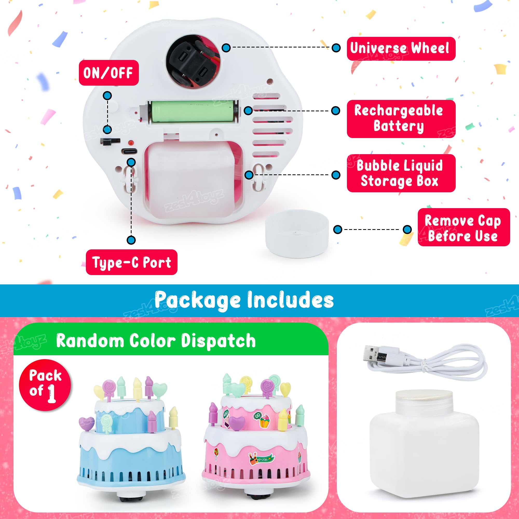 Zest 4 Toyz Bubble Cake Toy for Kids Bubble Machine with Colorful Lights & Stickers Rechargeable Bubble Blower Sings Happy Birthday Song Gift for Boys and Girls Age 3+ Multicolor 3