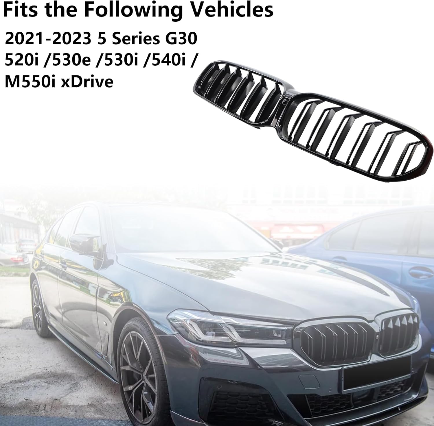 G30 Grille Front Kidney Grill Compatible with G30 G38 2021 2022 2023 5 Series 520i 530e 530i 540i M550i xDrive (Gloss Black Front Hood Insert Double Line Grill/Grilles)