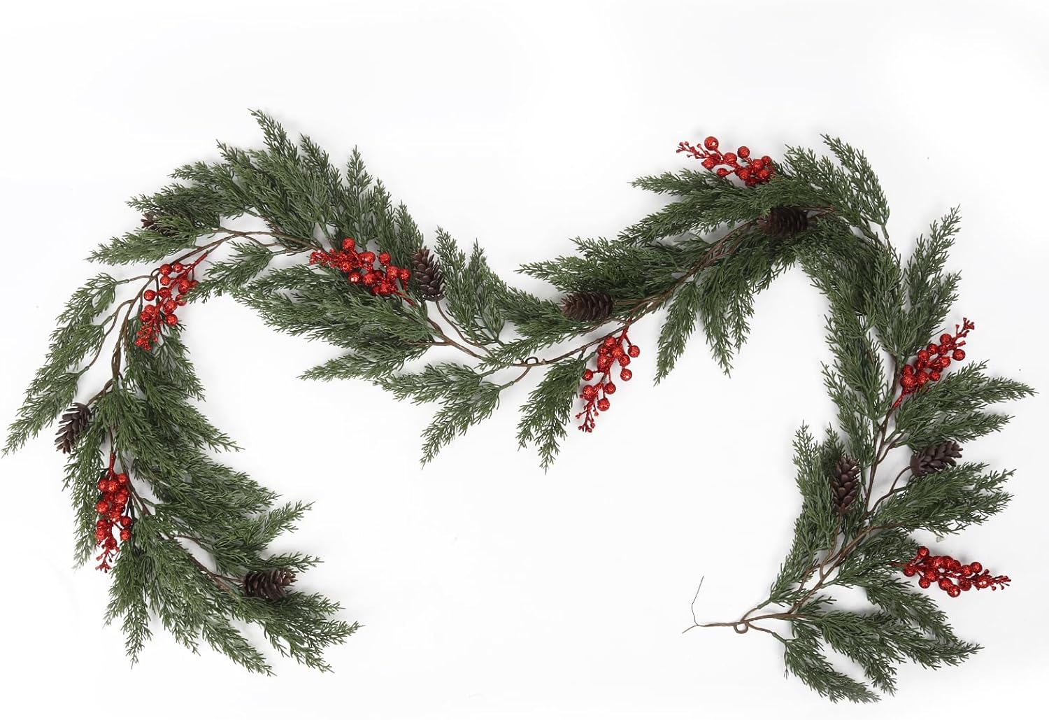 RECUTMS Christmas Pine Garland 6.2FT Artificial Christmas Cedar Garlands with Pine Cones Red Glitter Berry Stems Faux Cypress Wreath for Door Window Wall Mantel Indoor Outdoor Xmas Decor(Red Berry)