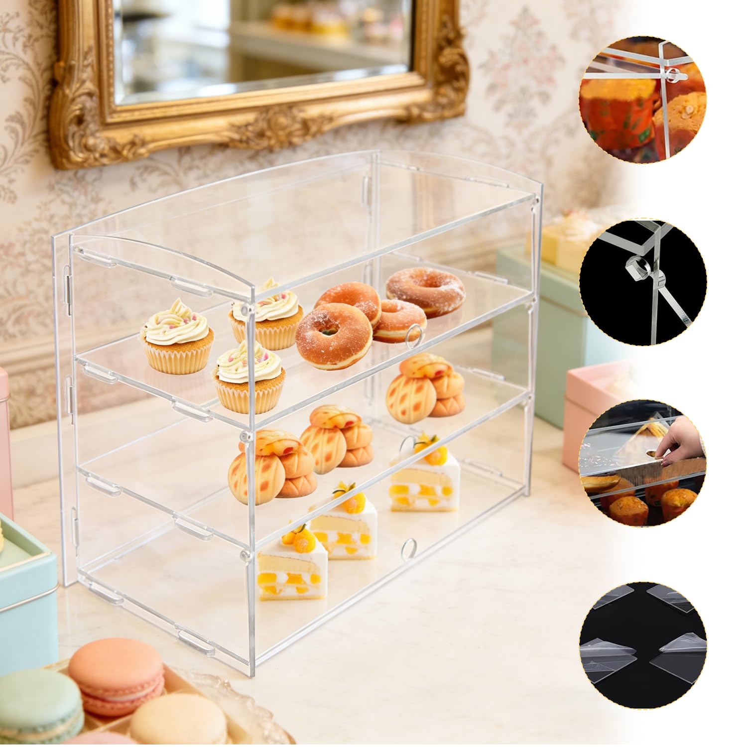Acryl Vitrine für Gebäck, 3-stöckige Transparent Brotkasten Kommerzielle Bäckerei Vitrine 19,09" x 18.5" x 8.86", Konditorei Vitrine für Cupcakes Kekse Brot Minikuchen Donut