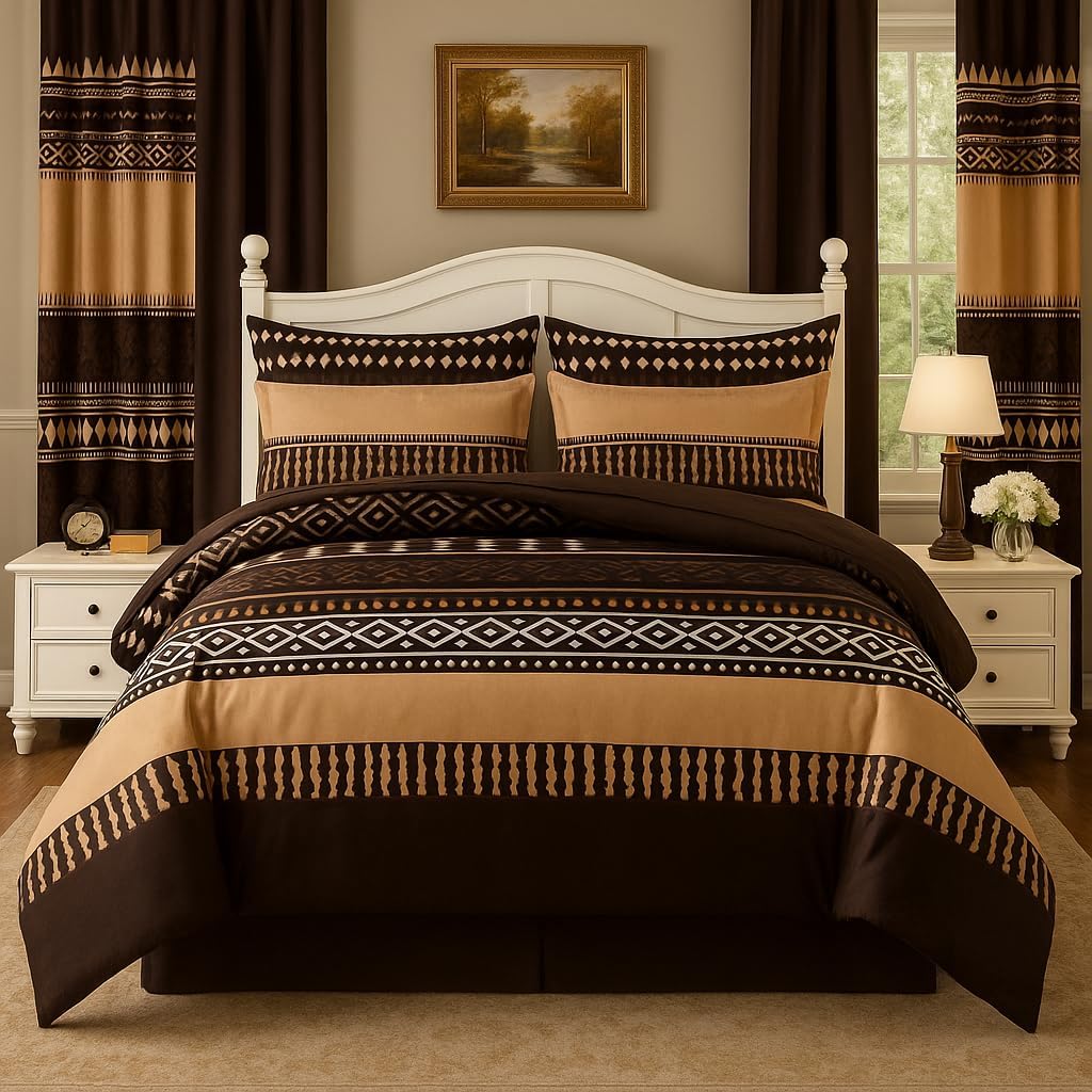 9pcs Bohemian Luxury Bedding Set - Soft Microfiber, Brown Beige Tribal Print, All-Season Lightweight & Breathable Queen/King/Kalking Size Bedspread with 2 Pillowcases & 6 Curtains, (Queen)