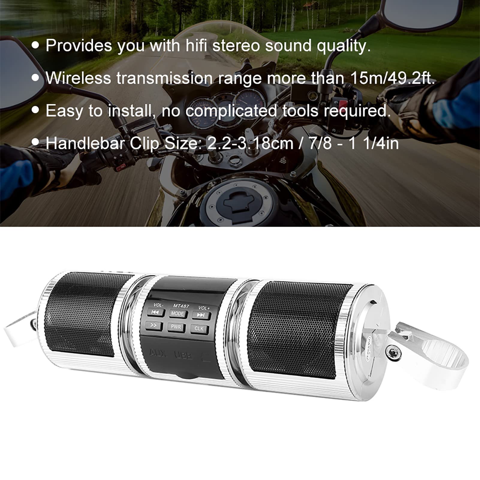 Cryfokt Bezprzewodowy Głośnik Motocyklowy, Odtwarzacz MP3 Stereo System z Radiem FM USB AUX SD, Uchwyt na kierownicę do Motocykla
