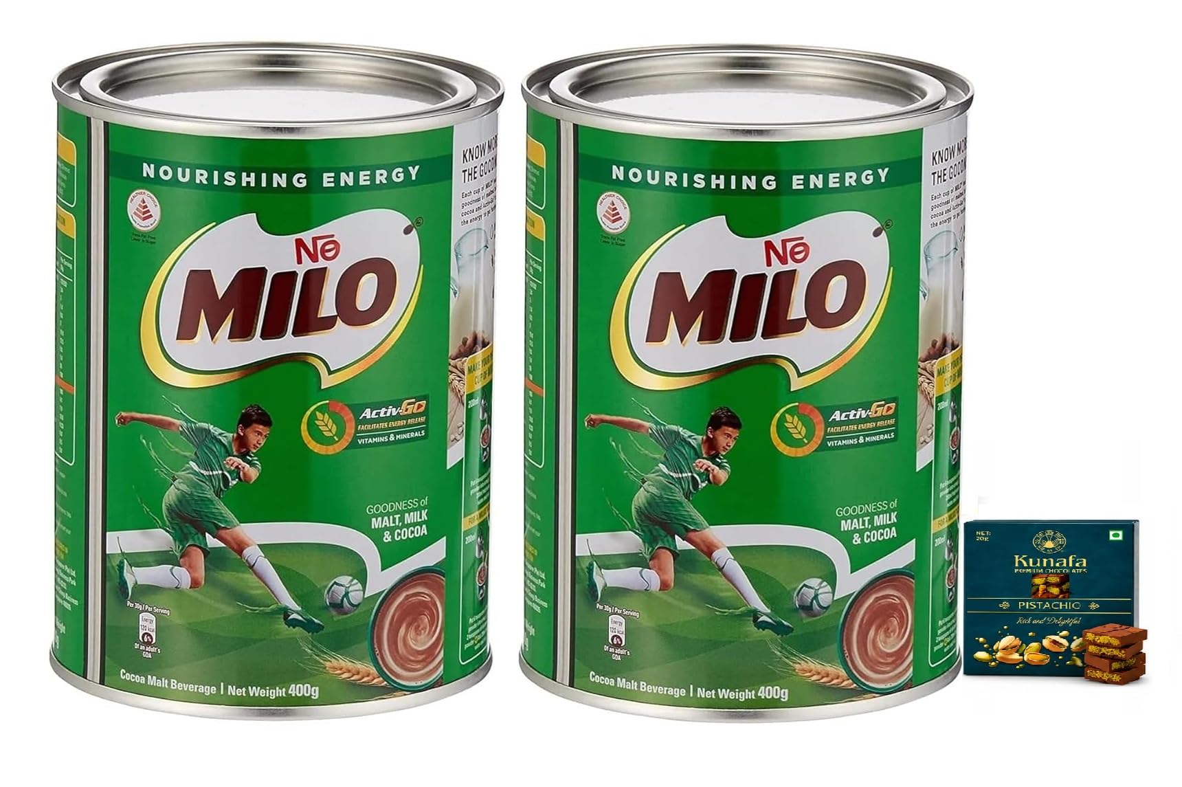 Milo Original Chocolate Malt Drink – Activ-Go Formula for Energy & Nutrition – 400g x 2 Tins (Malaysia) with Free Flavourito Kunafa Pistachio Chocolate Bar, 20g By Decadent Foods-image-41