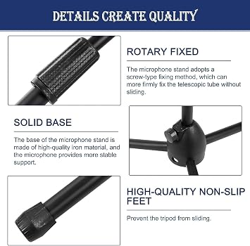Youyijia Mic Stand Boom Microphone Stand Adjustable Straight Microphone Stands Collapsible Studio Holder with Tripod Telescoping Mic Clip for Musicians Party Stage 73-175cm
