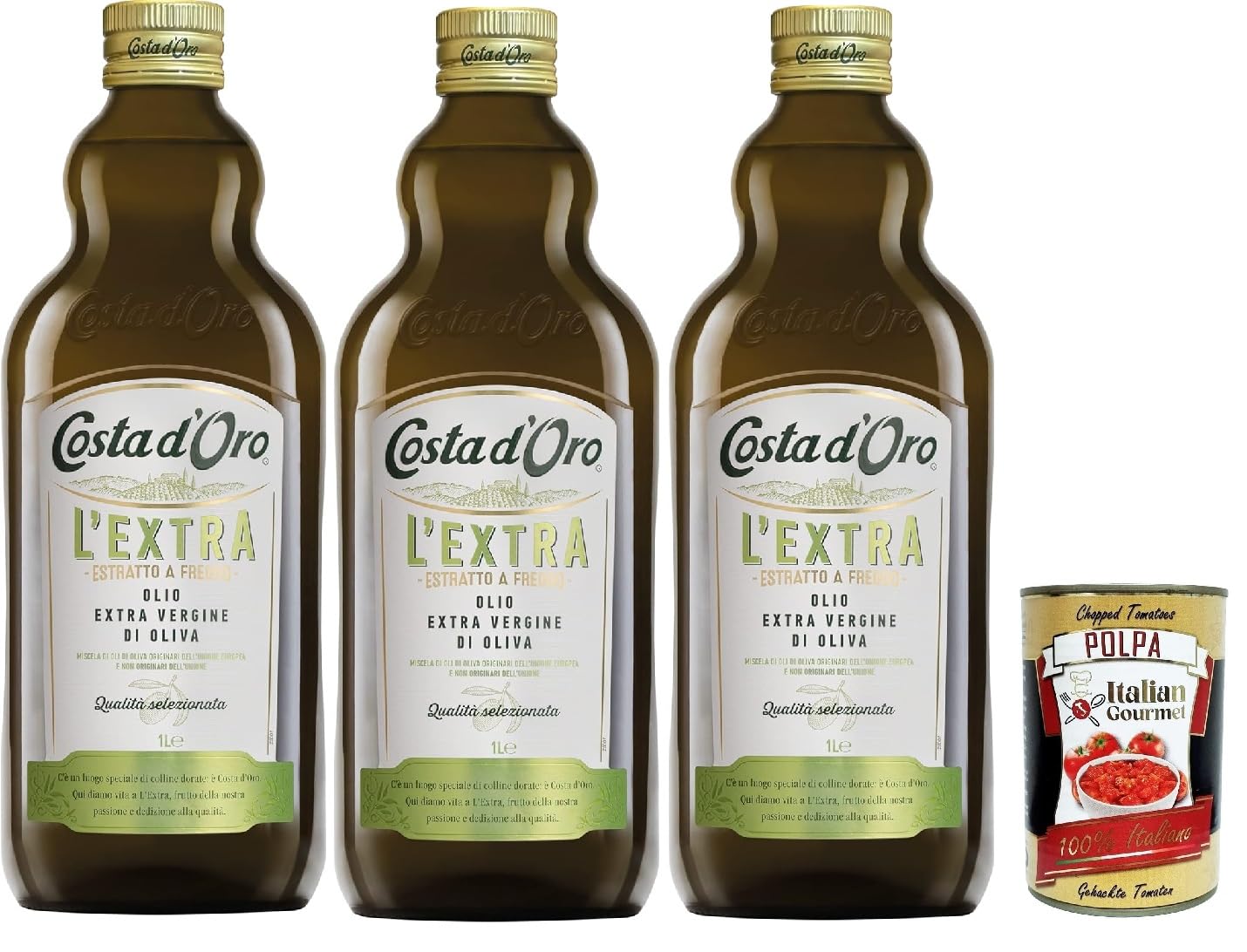 Costa d'Oro Extra, le supplément de 1L. Huile d'olive extraite à froid extraite à froid. Goût équilibré, adapté à toutes les recettes et comme assaisonnement à salade, 3x 1 lt + Italian Gourmet Polpa