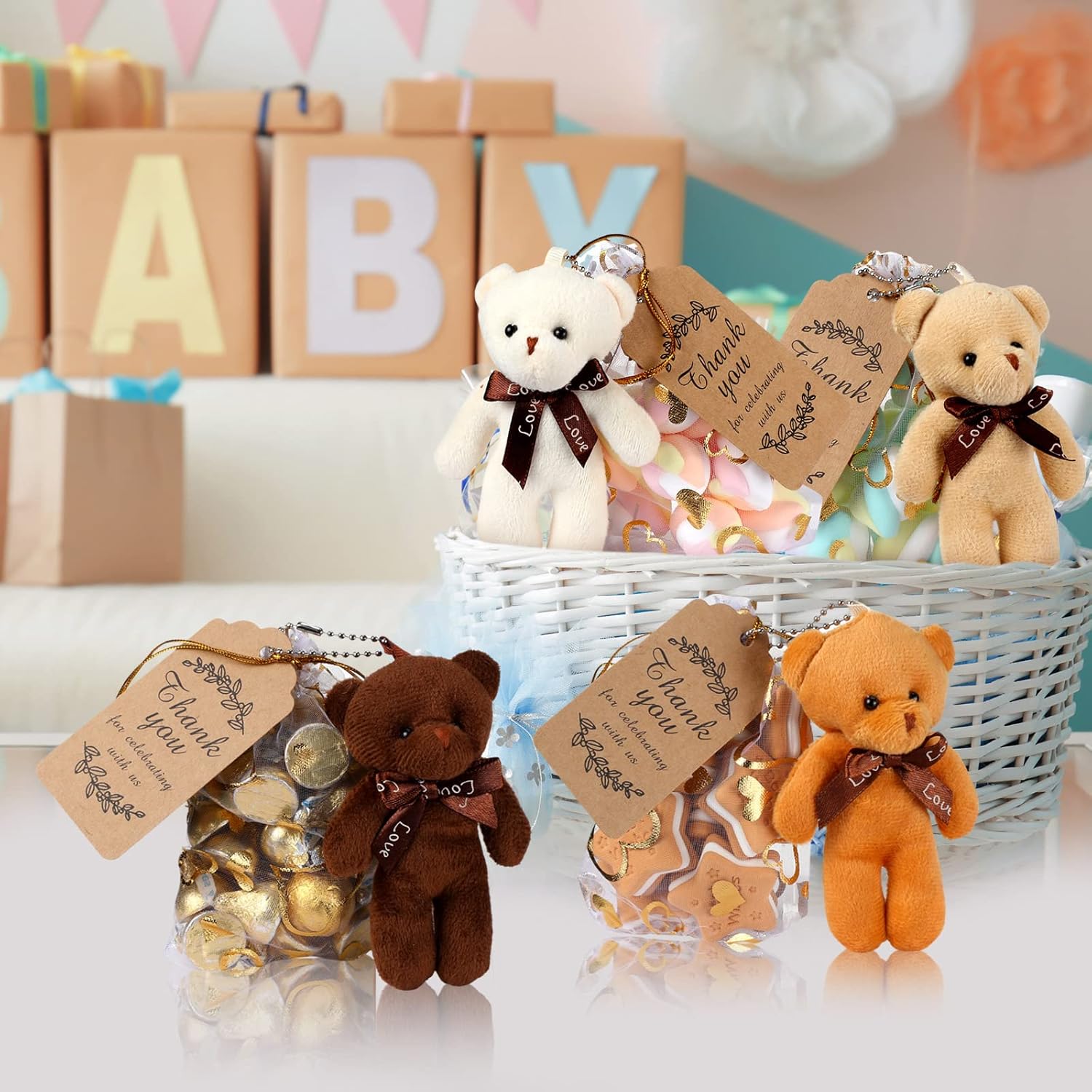 Libima 60 Pcs Mini Bear Baby Shower Decorations First Baby Shower Favors Party Supplies Souvenirs 4.7" Tiny Soft Stuffed Plush Bears Bulk with Thank You Tag and Heart Organza Bag(Brown Series) - Image 6