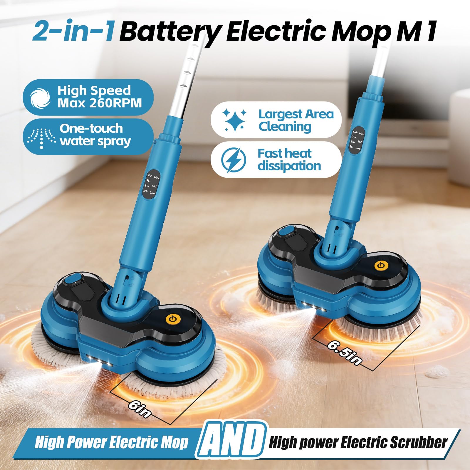 21V Mopa Eléctrica Inalámbrica, Mopa Fregona con 2 Pilas de 2000mAh Pulverizador, Fregona Eléctrica con Depósito de Agua de 300ml, Iluminación LED, 4 Almohadillas Lavables Mopas Limpieza Suelos