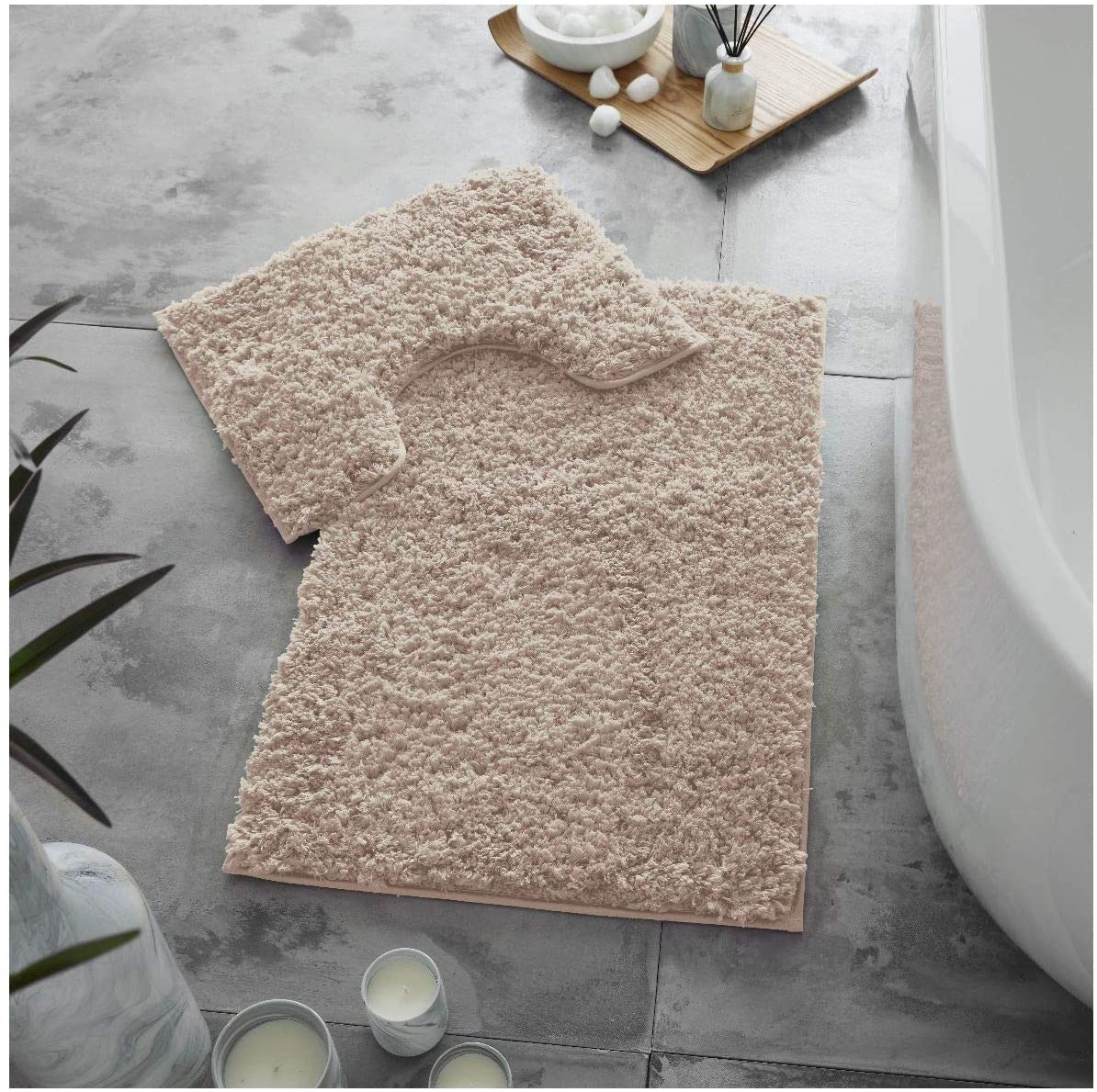 Pinkfairy® Super Soft 2 Piece Zero Twist Bath Mat Pedestal Set Non Slip, Extra Absorbent 100% Polyester Bathroom Toilet Rug, Regular (50x80CM | 50x40 CM, Blush-Pink)