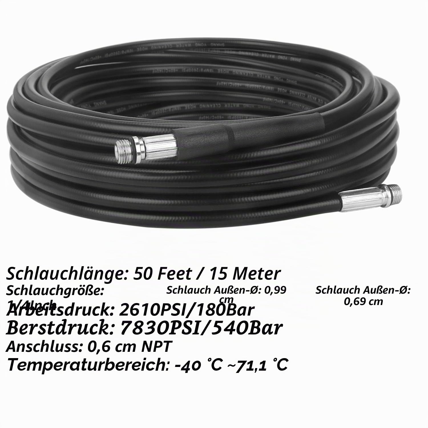 STYDDI Rohrreinigungsschlauch Set für Kärcher K2,K3,K4,K5,K6,K7, Abflussreiniger Schläuche mit Düsen Starr + Rotierend, Hochdruckreiniger Schlauch für Abfluss Reinigen inkl. Adapter, 15m, 180bar