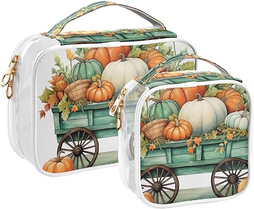Miniatura 1 de Thanksgiving Pumpkins Wagon Clear Toiletry Bag for Traveling,2 Pack Makeup Cosmetic Bag with Zipper,Travel Bag for Toiletries,Travel Essentials