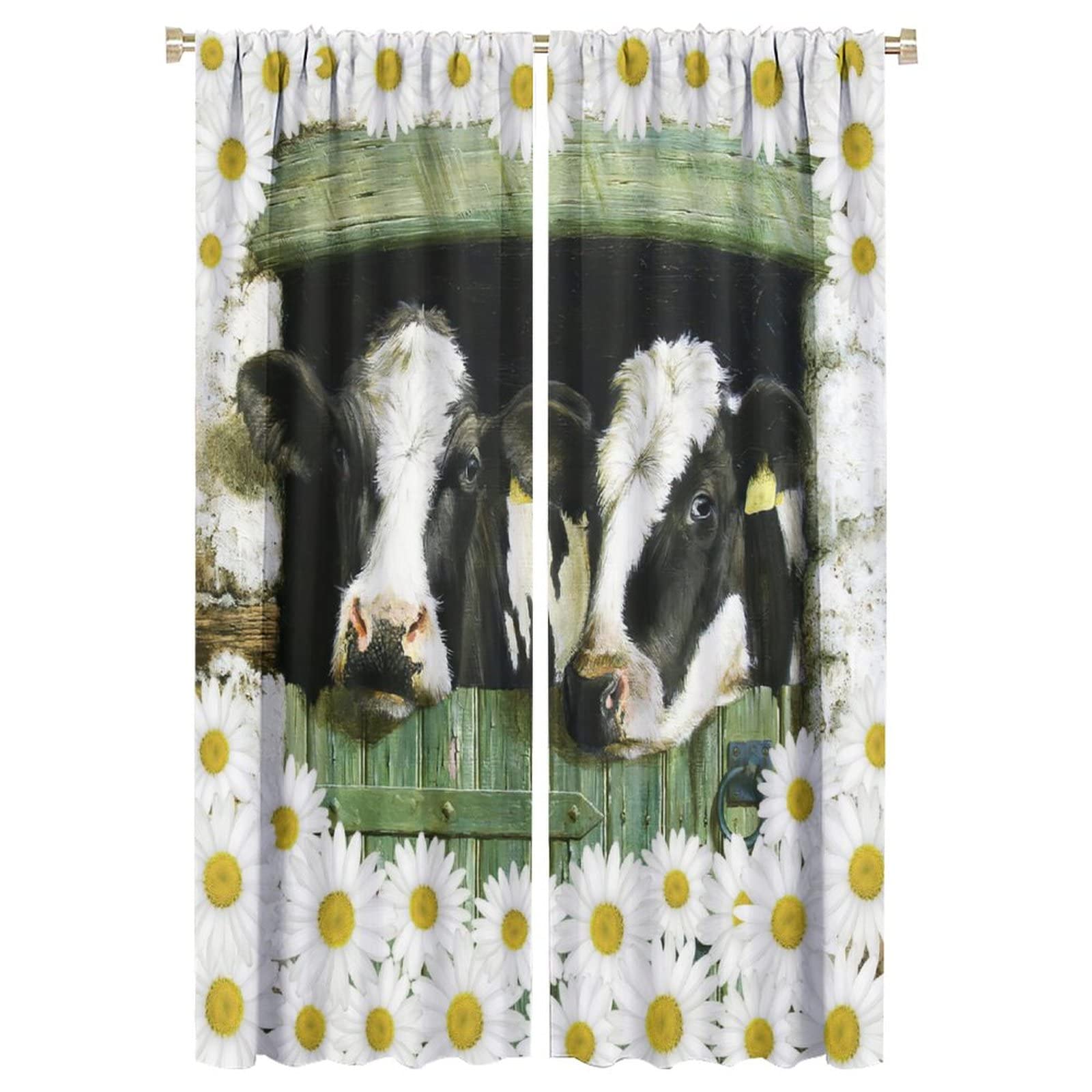 JESTRONRY Cow Kitchen Curtains,Rustic Barn Door Daisy Flower Rustic Wooden Farmhouse Animal Thermal Drapes Window Treatments for Living Room Bedroom W42xL63in