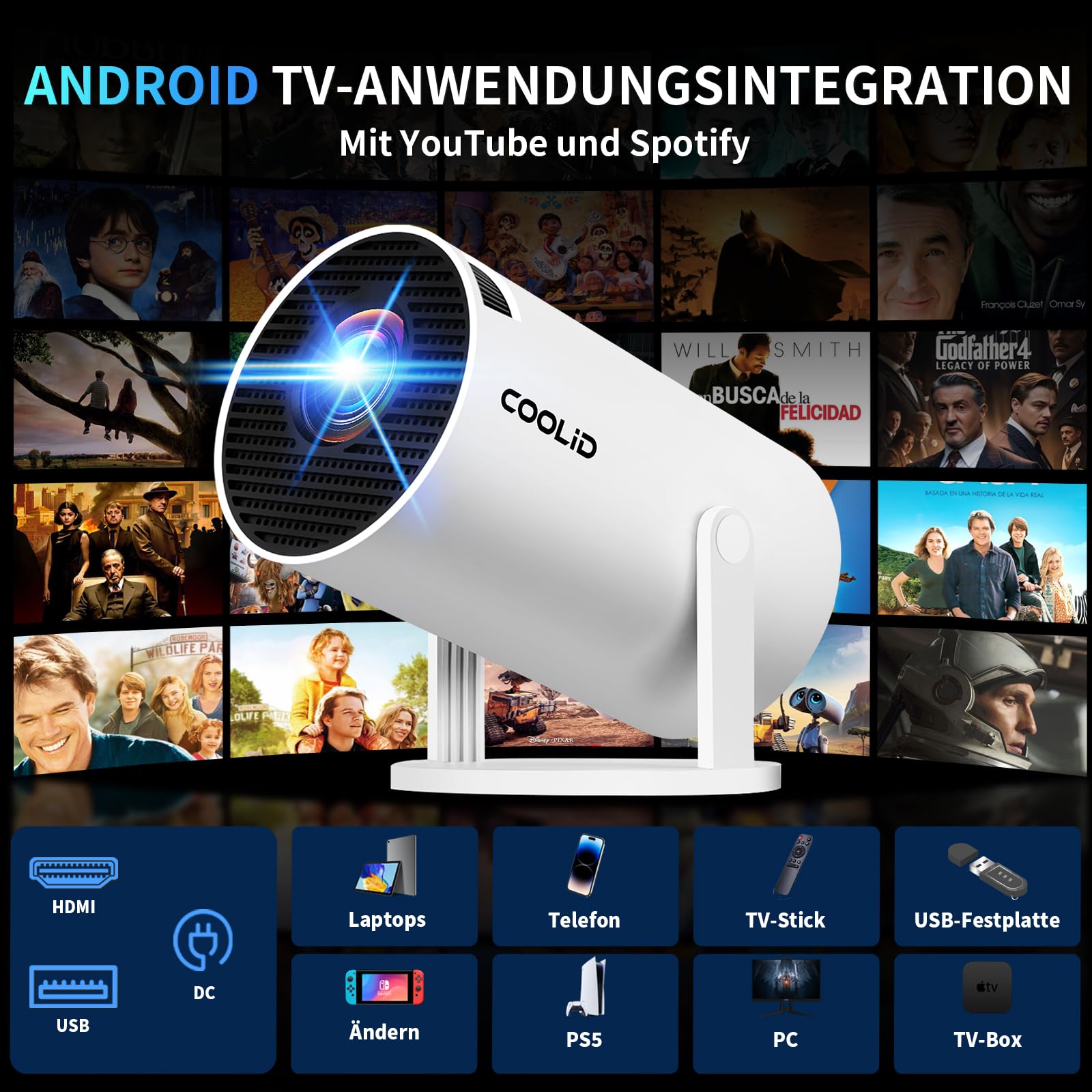 Mini Beamer Unterstützt 4K 1080P 2026 Neuer Tragbarer Projektor mit 5G WiFi 6 und BT 5.4, Beamer Klein Projektor mit Automatische Trapezialkorrektur 180 ° Drehung für HDMI/Tv Stick/USB/Laptop, Weiß