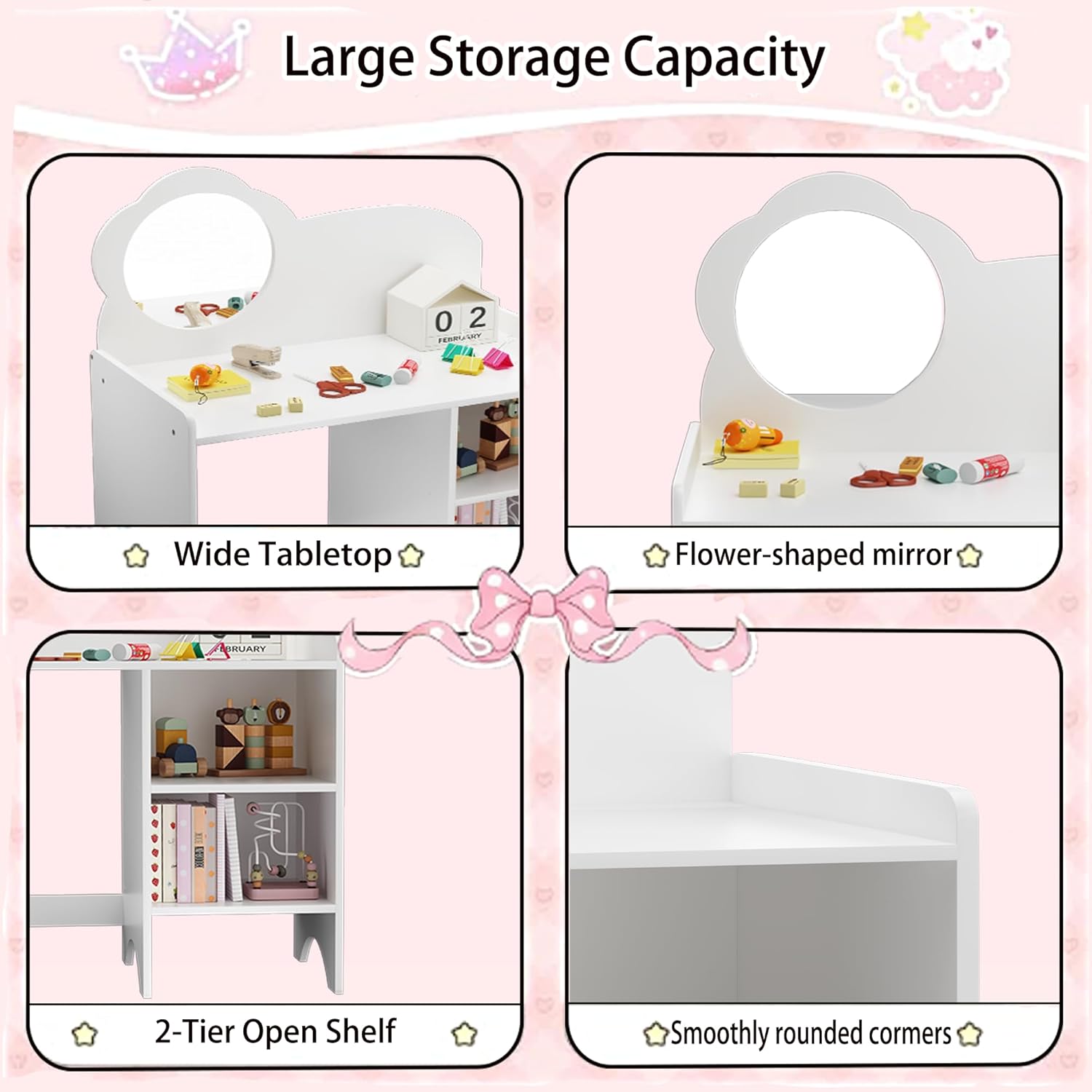 Kids Vanity Table Set with Mirror and Chair, Dressing Table for Children, Makeup Desk with Seating