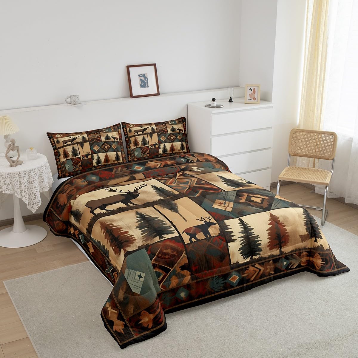 Feelyou Deer Bedding Set Queen Size Wild Animal Comforter Set for Kids Boys Girls Decor Checkerboard Comforter Microfiber Drak Brown Duvet Set