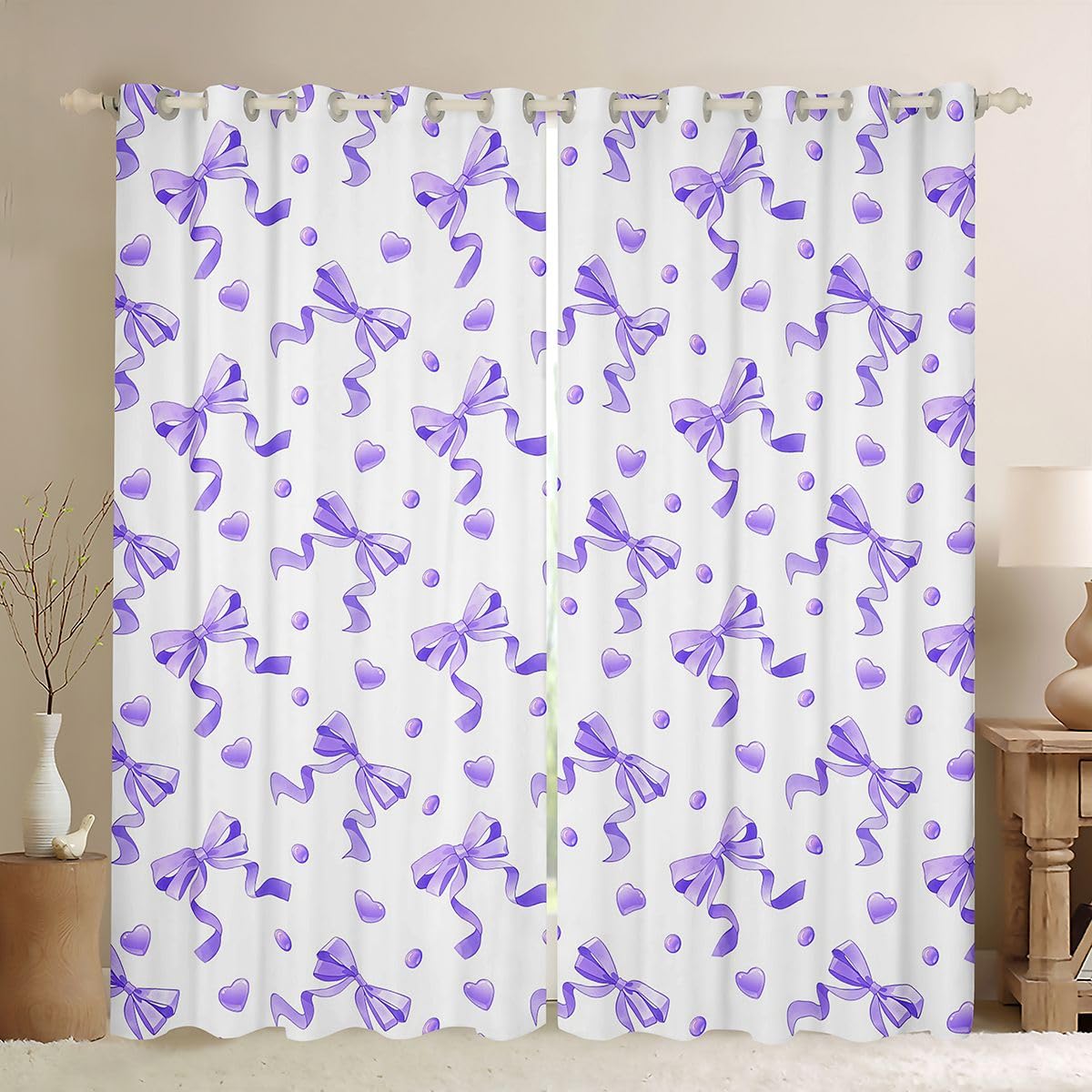 Homewish Dziewczęca kokardka księżniczka, fioletowe zasłony okienne, 168 x 229 cm, 2 zestawy paneli – miłosne serca zasłony zaciemniające estetyczne zasłony okienne, urocza wstążka, kokarda