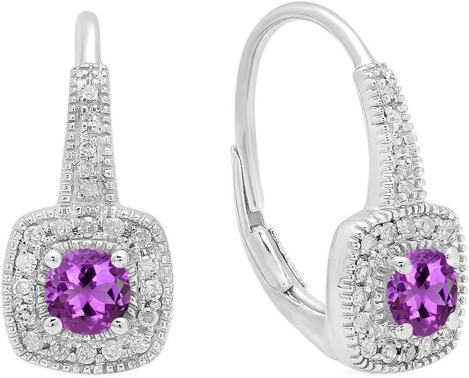 Dazzlingrock Collection 4mm Each Center Round Gemstone & White Natural Diamond Halo Lever Back Dangling Earrings for Women in 10K White Real Solid Gold