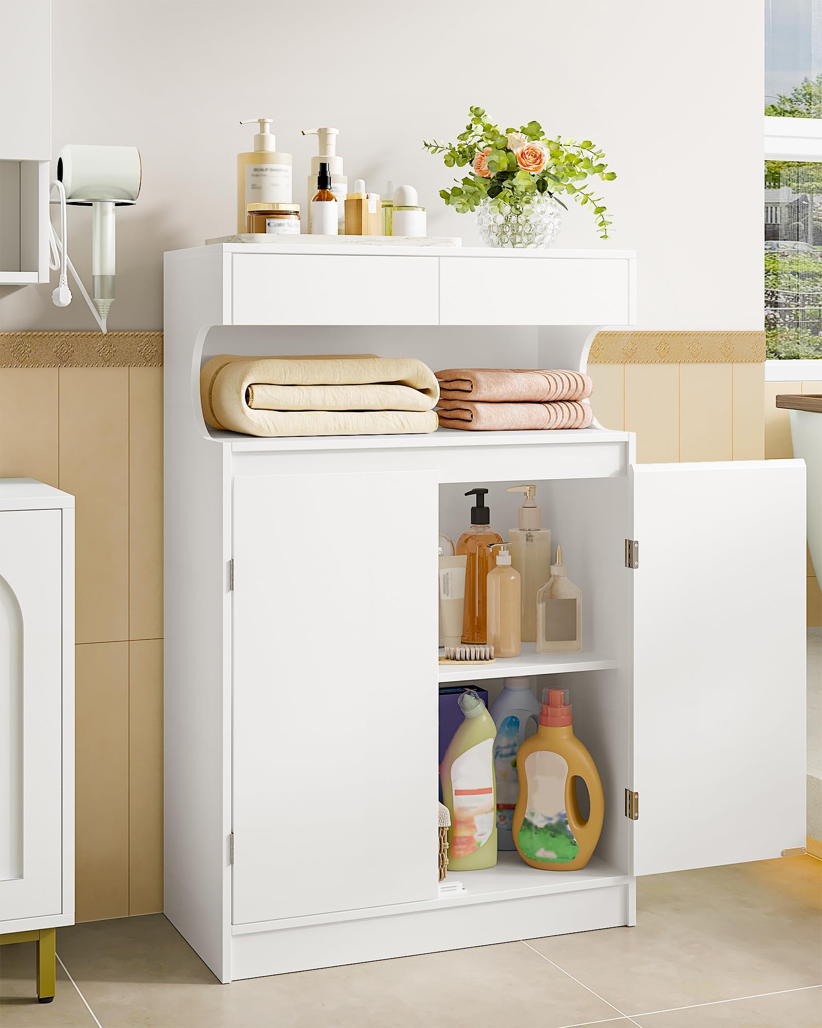 Hzuaneri Badkamerkast, badkamerkast, opbergkast met 2 laden en 2 deuren, keukenkast, commode, verstelbare plank, voor badkamer, tekenzaal, 30 x 60 x 90 cm, wit SC63903X