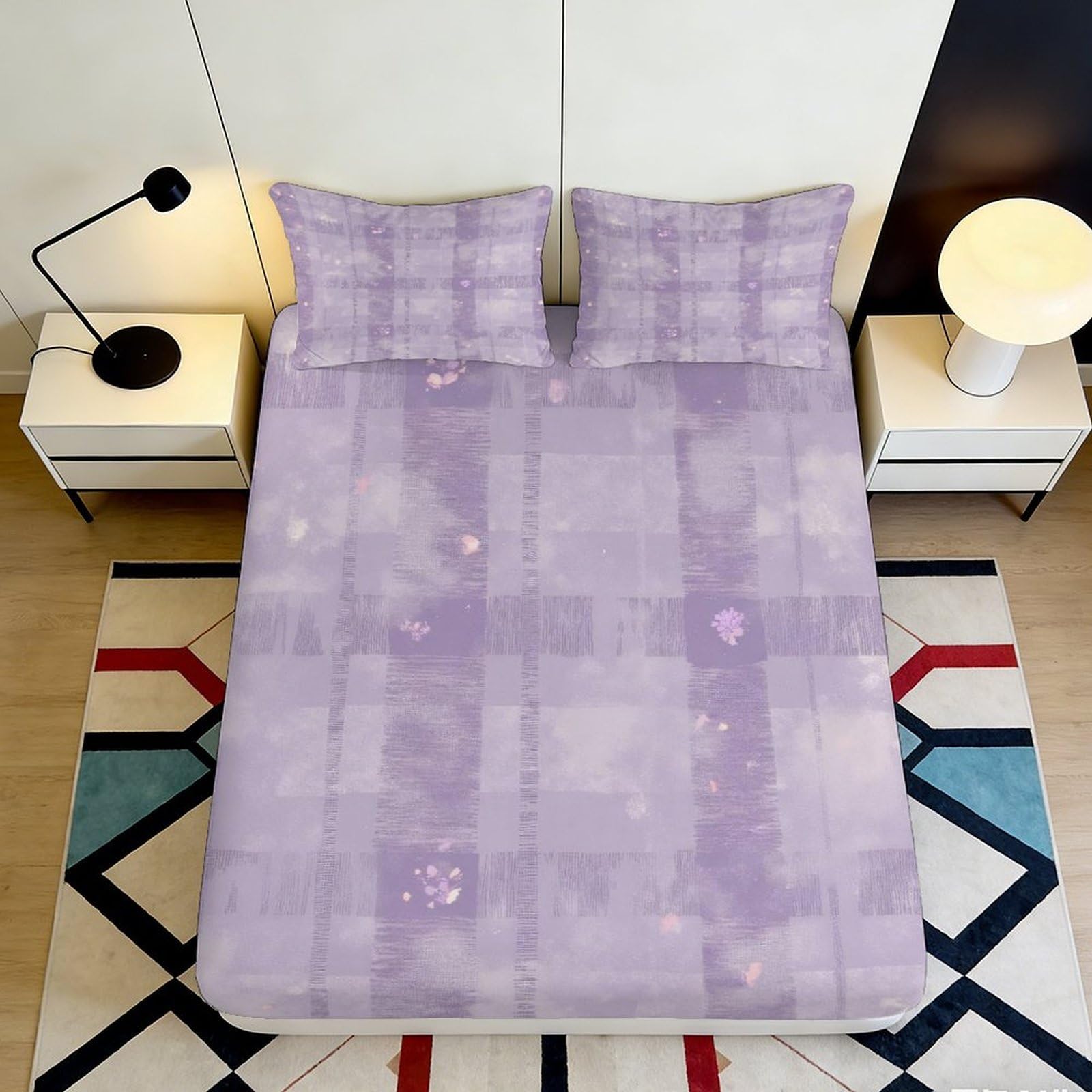 3D Printed Lavender Plaid Fitted Sheet Microfiber Soft Breathable Geometric Mattress Cover for Bedroom Dorm Protection Decor 90x200x25cm