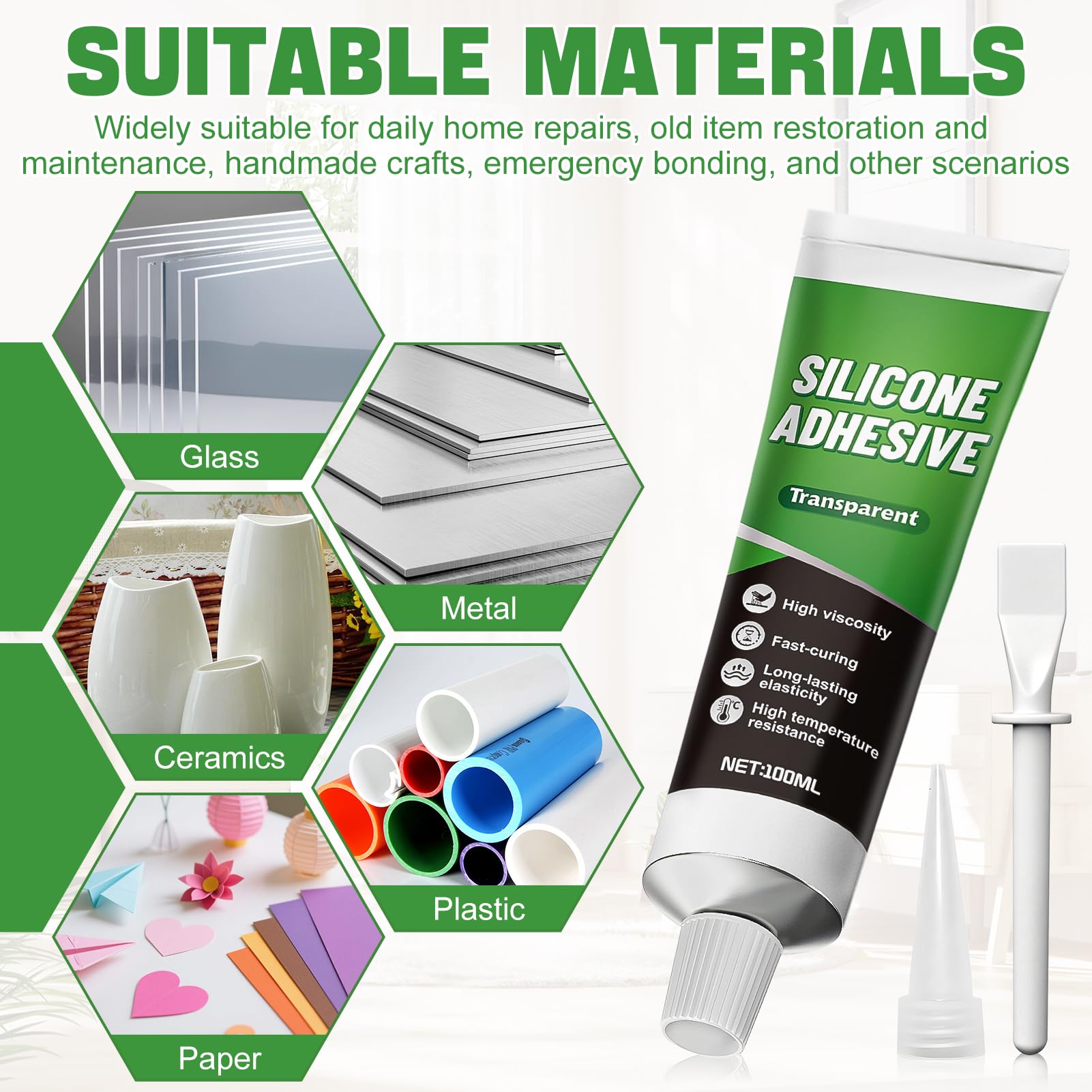 ALLONY Silicone Trasparente, Silicone Trasparente Sigillante, Colla per Modellismo, Elasticità, Impermeabile, Adatto per Vetro, Metallo, Ceramica, Plastica, 100ML