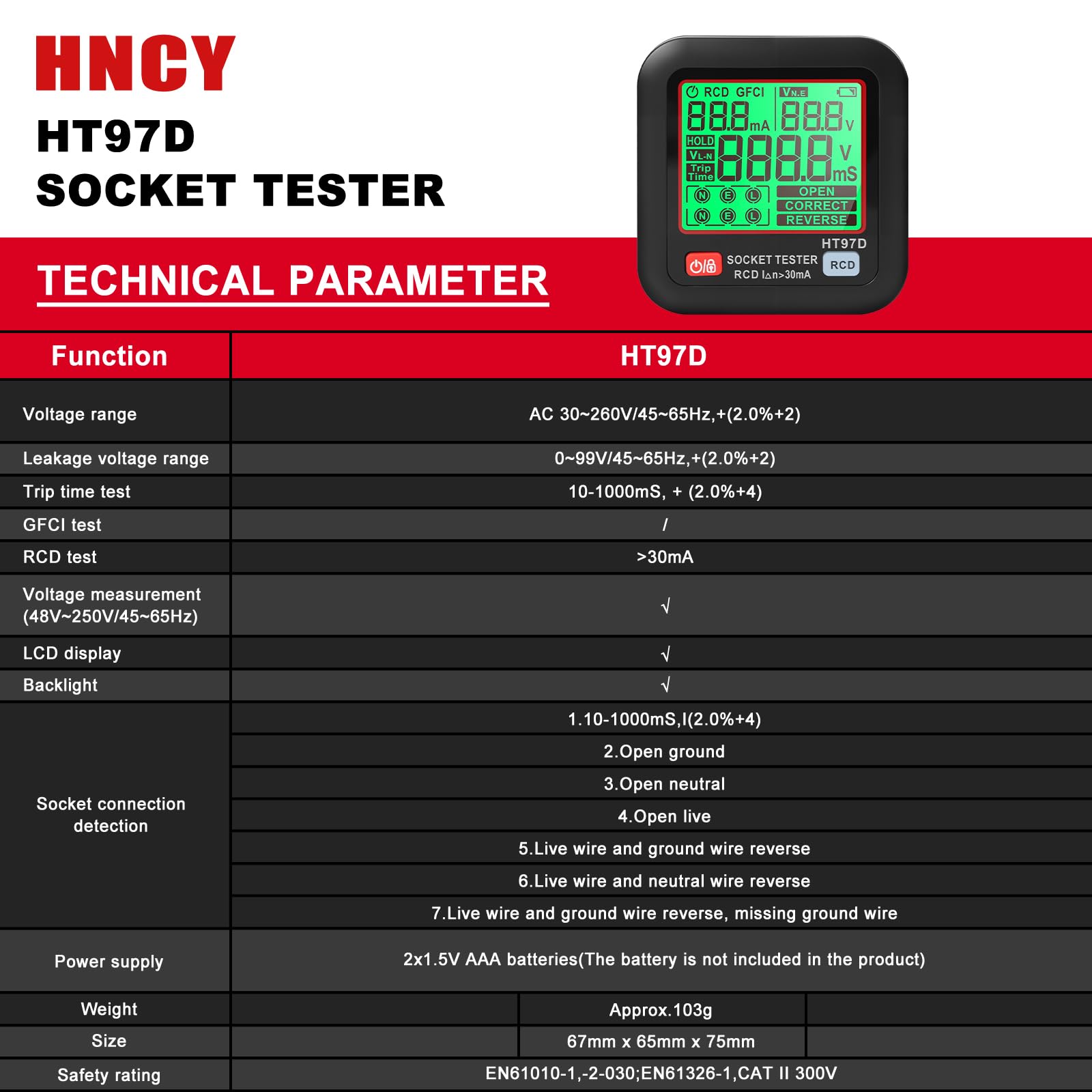 Steckdosenprüfgerät mit Spannungs und Frequenzanzeige, Steckdosentester mit RCD Prüfung und LCD Voltage Display, 6 Arten von Fehlerdiagnose, Leckspannungs und Stromanzeige, FI Test, 30-260V/45-65Hz