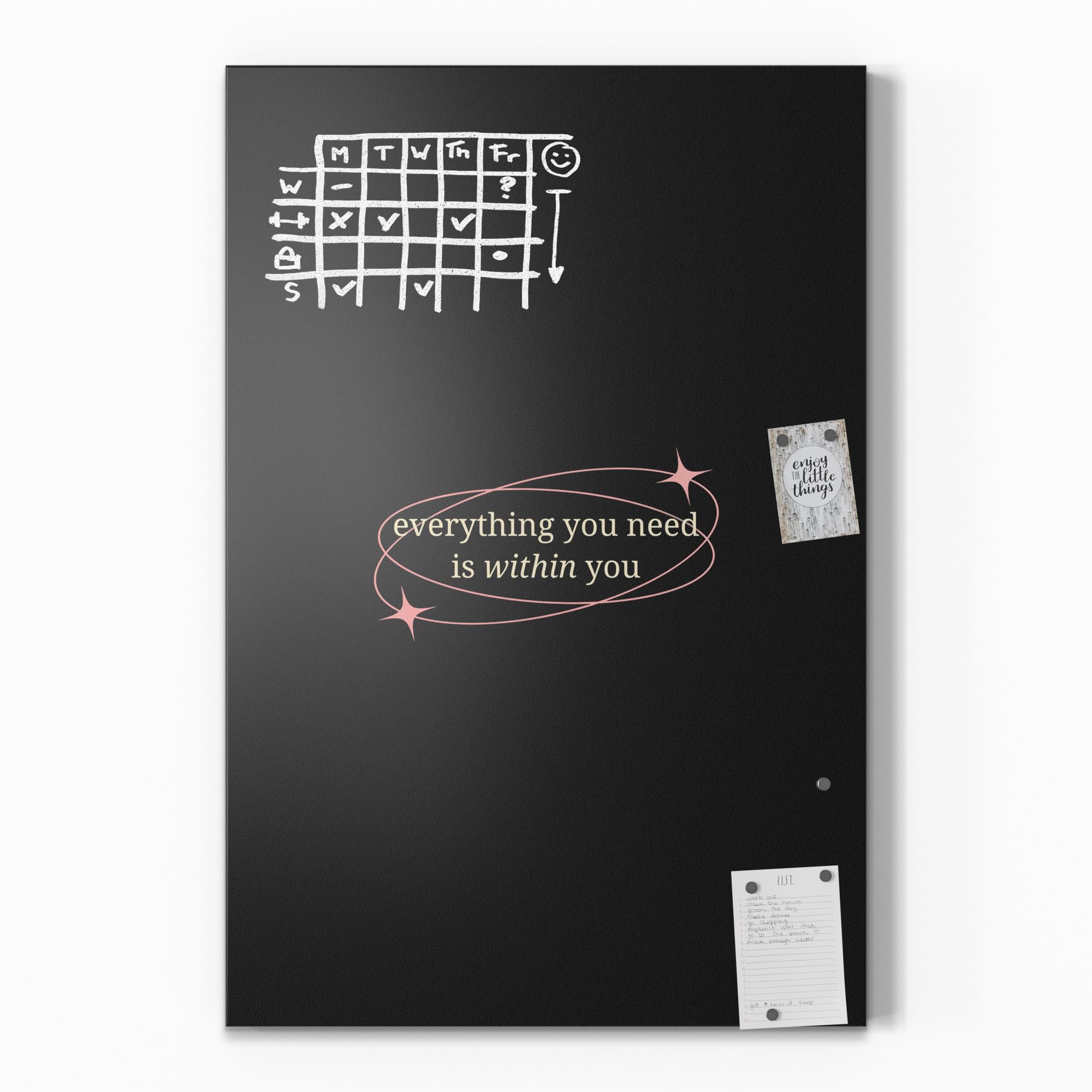 DEQORI Magnetische Kreidetafel mit UV-Druck | Motiv Innerer Kompass | Design rechteckig 60x90 cm | Kreide Metalltafel beschreibbar – Wanddeko für Küche, Flur, Kinderzimmer & Büro