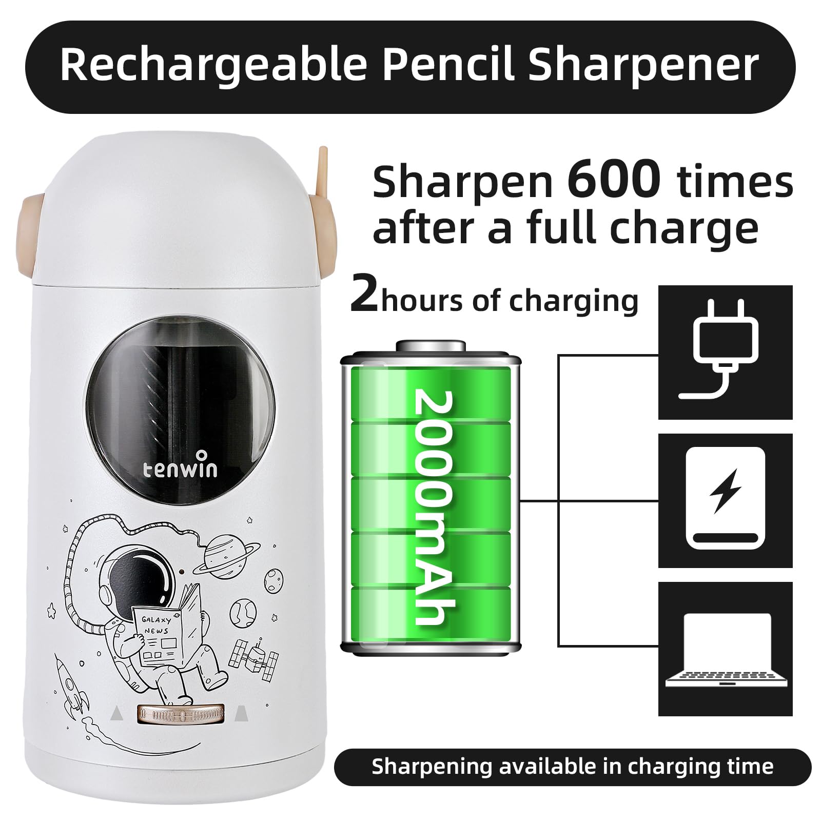 Tenwin - Sacapuntas eléctrico recargable, totalmente automático para lápices de 7 a 11,5 mm, sacapuntas manos libres para lápices de colores, entrada y salida automática, puntas ajustables (plata)