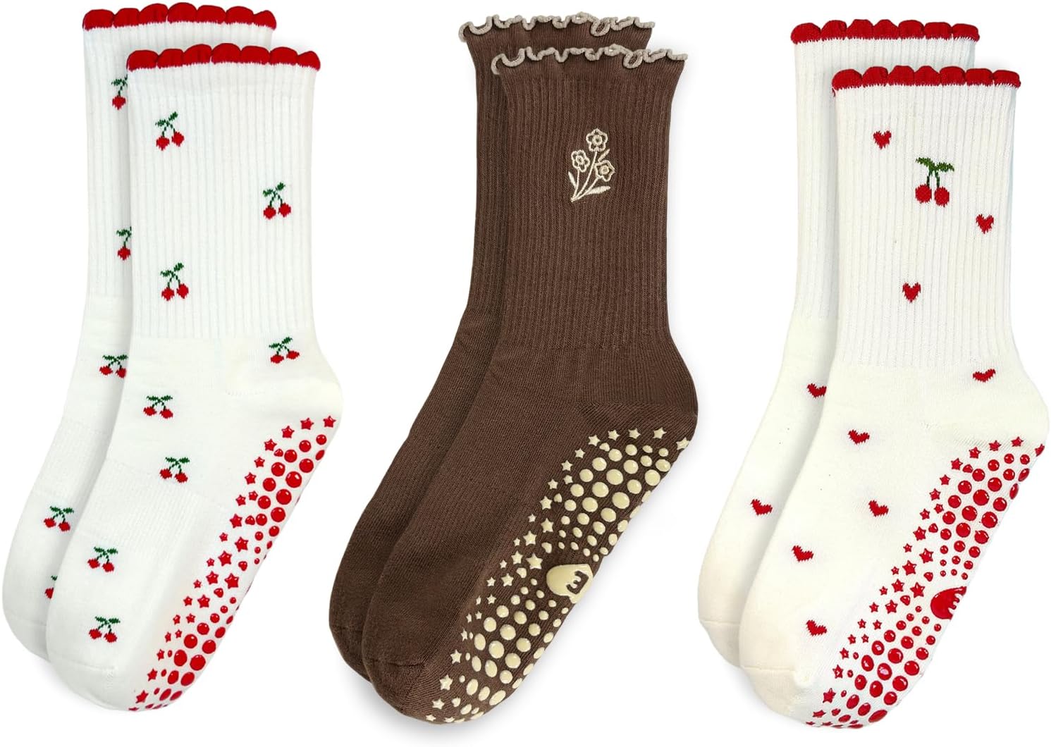 Pilates Grip Socks for Women, Ruffle Yoga Socks with Non Slip Grips, Cute Sticky Socks for Workout, Dance,Hospital