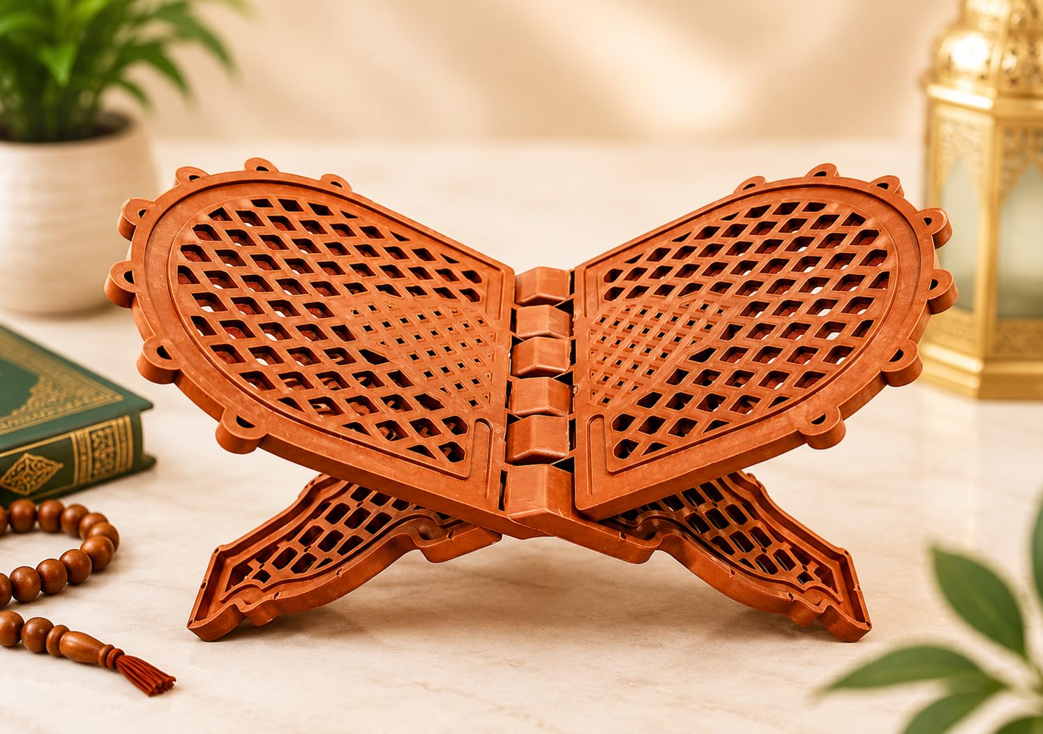 Quran Book Stand Rehal, Foldable Plastic with Lattice Design | Freestanding Holder, Decorative Cutwork, Portable & Foldable, Islamic Prayer Decor, Terracotta Finish-image-14