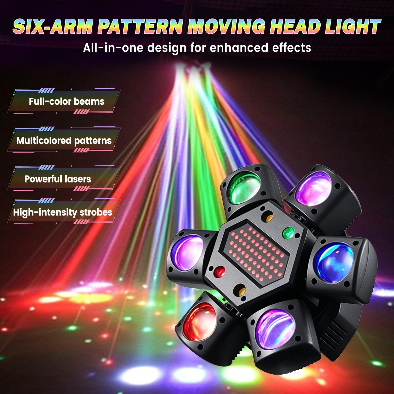80 W Moving Head DJ Effet lumineux avec télécommande et contrôle de la musique Lumière stroboscopique avec 6 bras d'éclairage, 4 modes de fonctionnement, éclairage de scène pour fêtes, spectacles