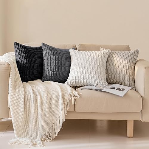 Miniatura 5 de Softalker juego de 4 fundas de cojín de 18x18 pulgadas, terciopelo suave a rayas, funda rústica y decorativa estilo bohemia para cojines, funda