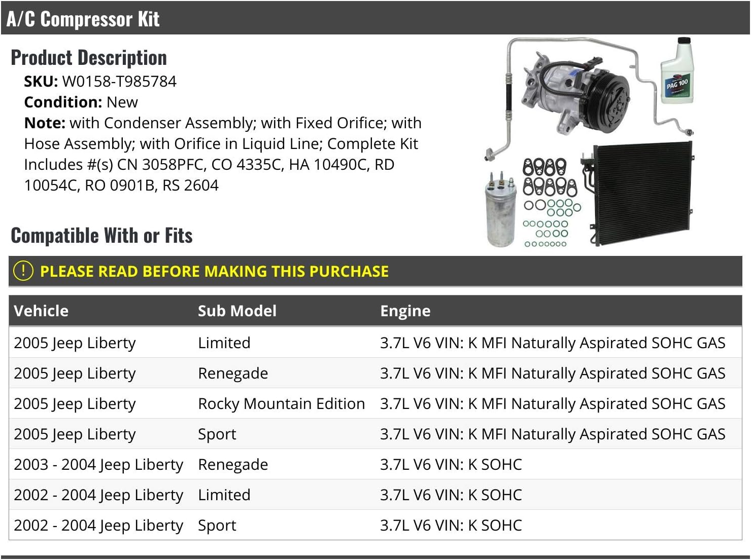 A/C Compressor Kit with Condenser - Compatible with 2002-2005 Jeep Liberty 3.7L V6 VIN K