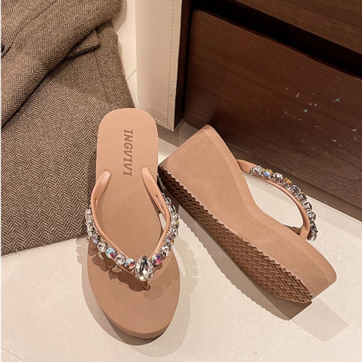 Chanclas de Piscina Plataforma Verano para Mujeres Chanclas de Playa de Cuña Mujer Rhinestone Zapatillas de Piscina