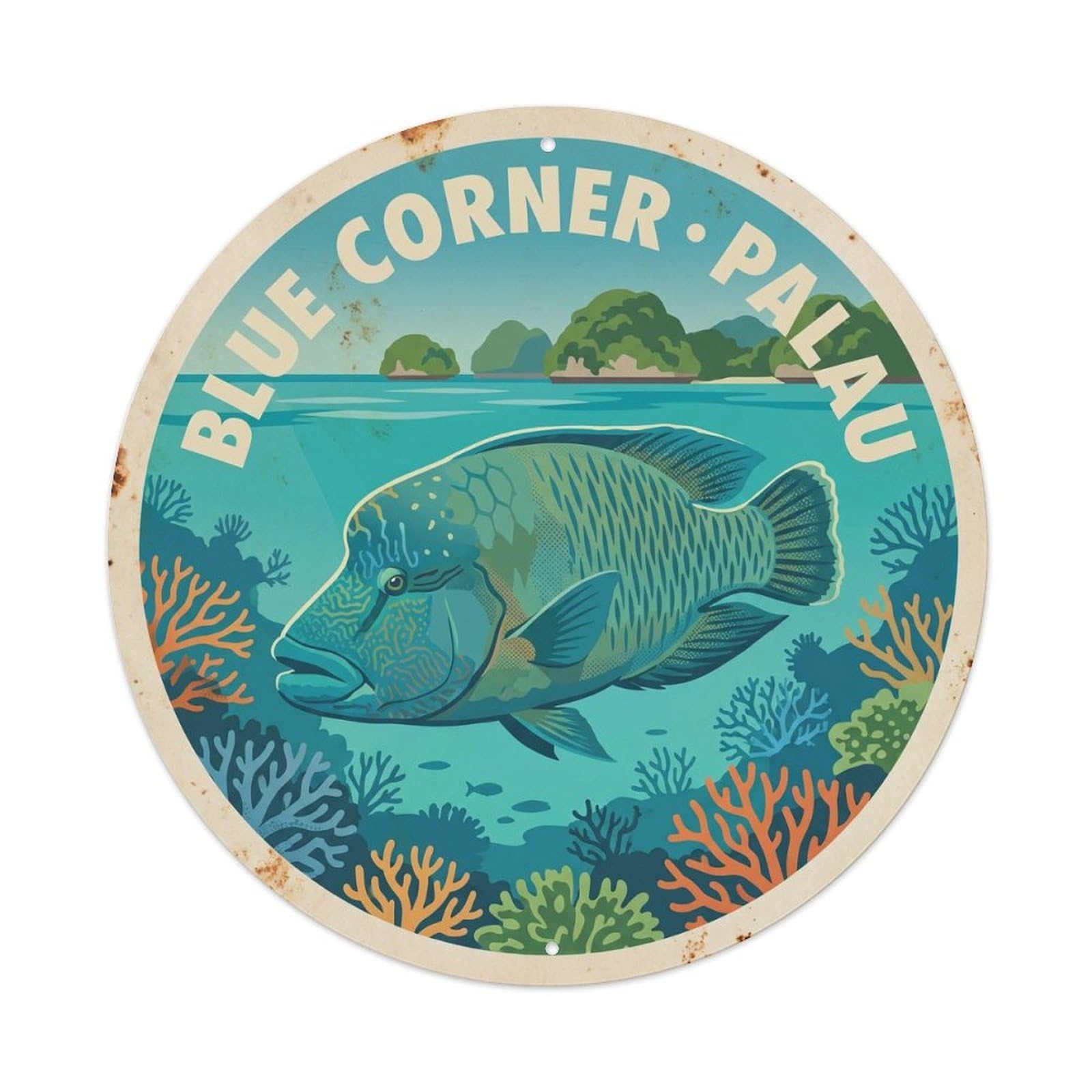 Olhnbad Style Palau Blue Corner Napoleon Fish Marine Wildlife Metal Tin Sign