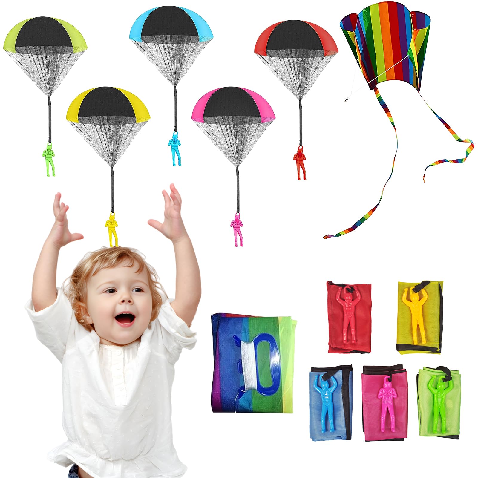 mellystore Parachute Toy Children, 5 Pieces Parachute Toy 1 Colourful Pocket Dragon for Children with Long Tail, Single Line Flight Kite, Flight Toy for Children, Outdoor Games, Throwing Games