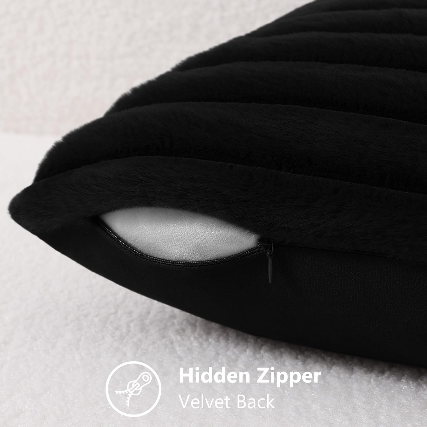 decorUhome Cozy Faux Fur Throw Pillow Covers 20x20 Set of 2 Decorative Soft Plush Striped Modern Farmhouse Boho Couch Pillow Cases with Velvet Back for Sofa Bed Living Room, Black