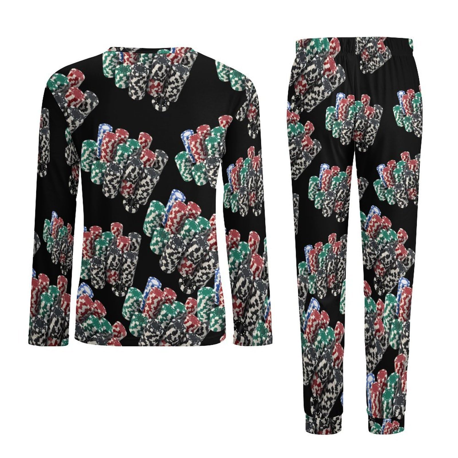 Casino Poker Chips Herren-Pyjama-Set, Rundhalsausschnitt, Loungewear, lange Pyjamahose, Pullover, Nachtwäsche, 2-teilig