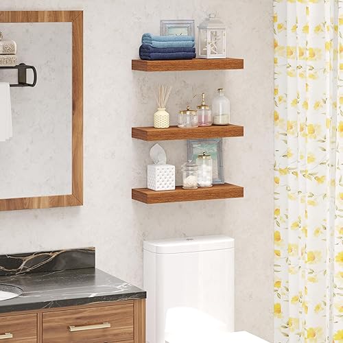 Miniatura 4 de BAMEOS Estantes flotantes de madera de roble americano de 16 x 6 pulgadas con soportes invisibles, juego de 3, estantes colgantes de pared para